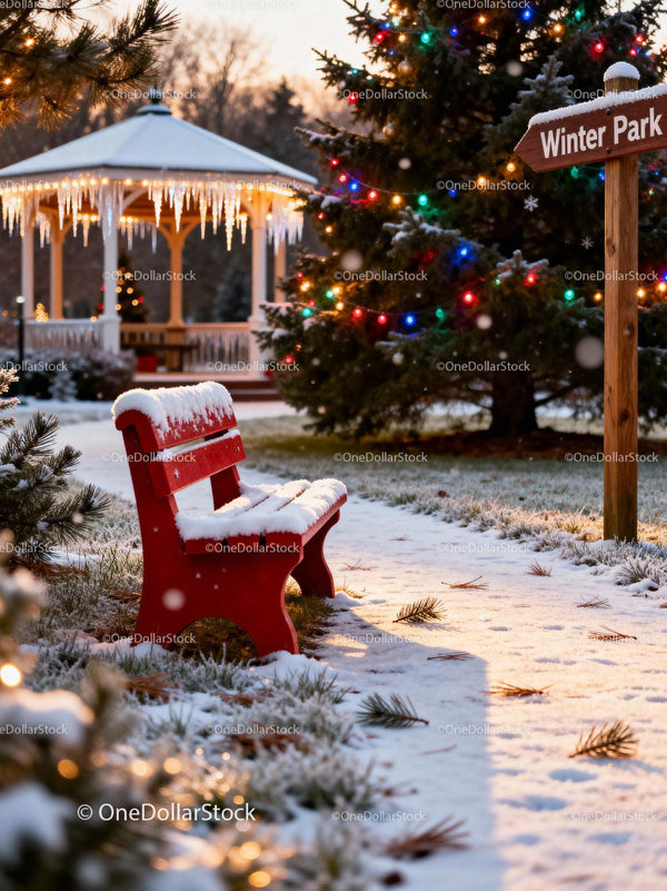 Snowy Red Bench Near Festive Winter Park Gazebo