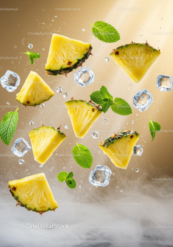 Fresh pineapple slices with mint leaves and ice cubes in air