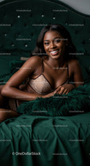Confident woman smiling in elegant lingerie on velvet bed