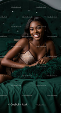 Confident woman smiling in elegant lingerie on velvet bed