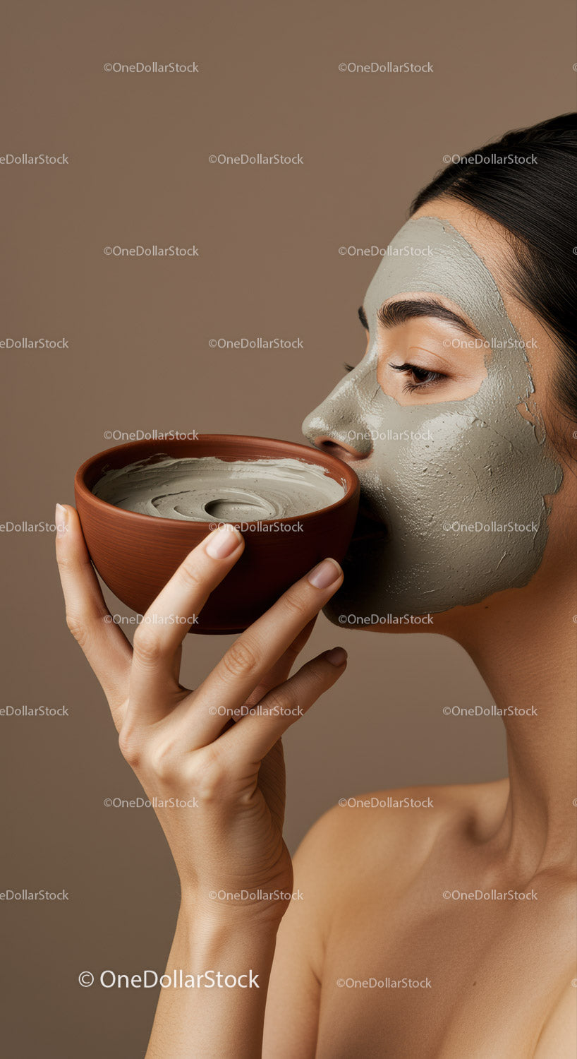 Woman Applying Clay Face Mask for Skin Rejuvenation and Relaxation