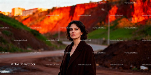 Confident woman standing on urban road at sunset