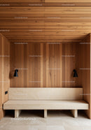 Modern Wooden Wall Paneling with Beige Bench and Wall Lamps
