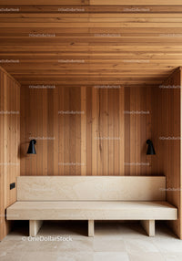 Modern Wooden Wall Paneling with Beige Bench and Wall Lamps