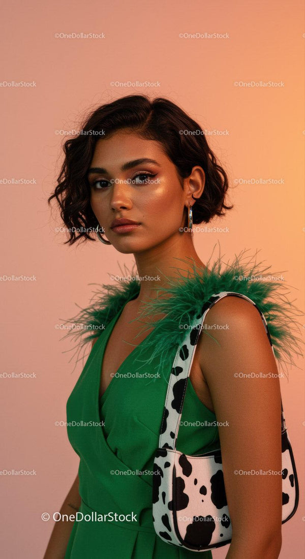 Elegant Woman in Green Dress with Cow Print Bag Studio Portrait