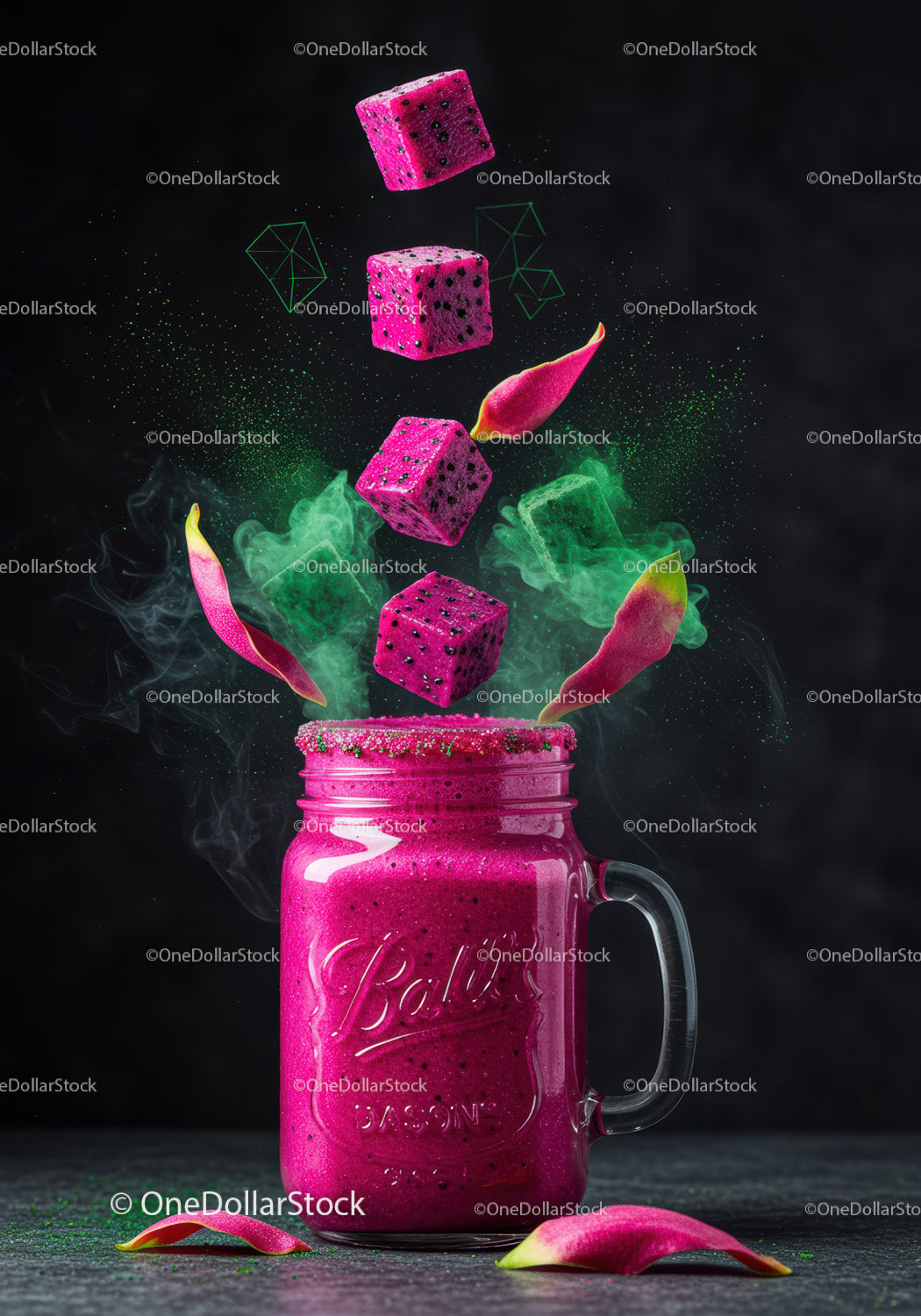 Vibrant Dragon Fruit Smoothie in Glass Jar with Ice Cubes