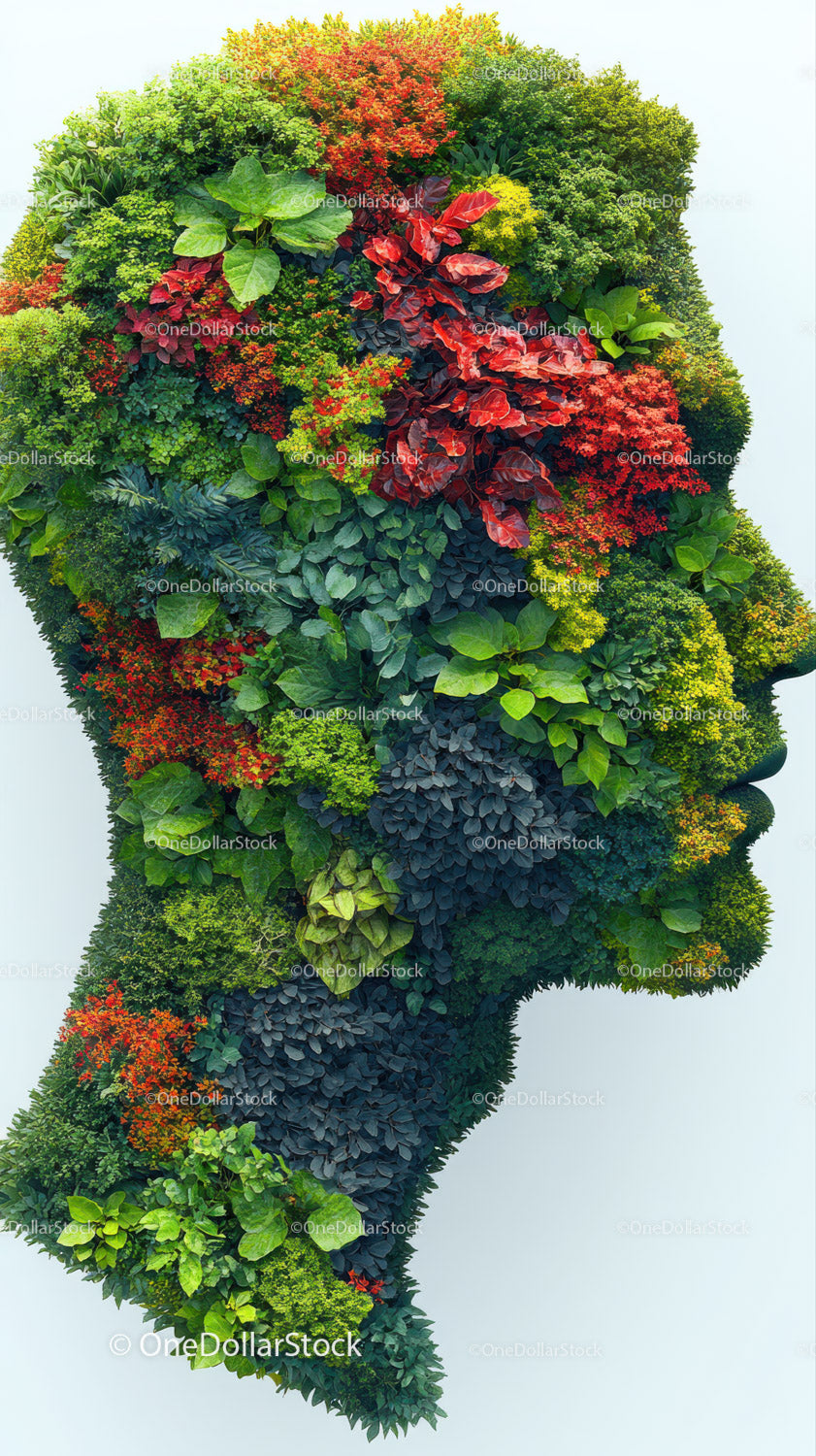 Colorful Botanical Collage Illustration of Human Profile