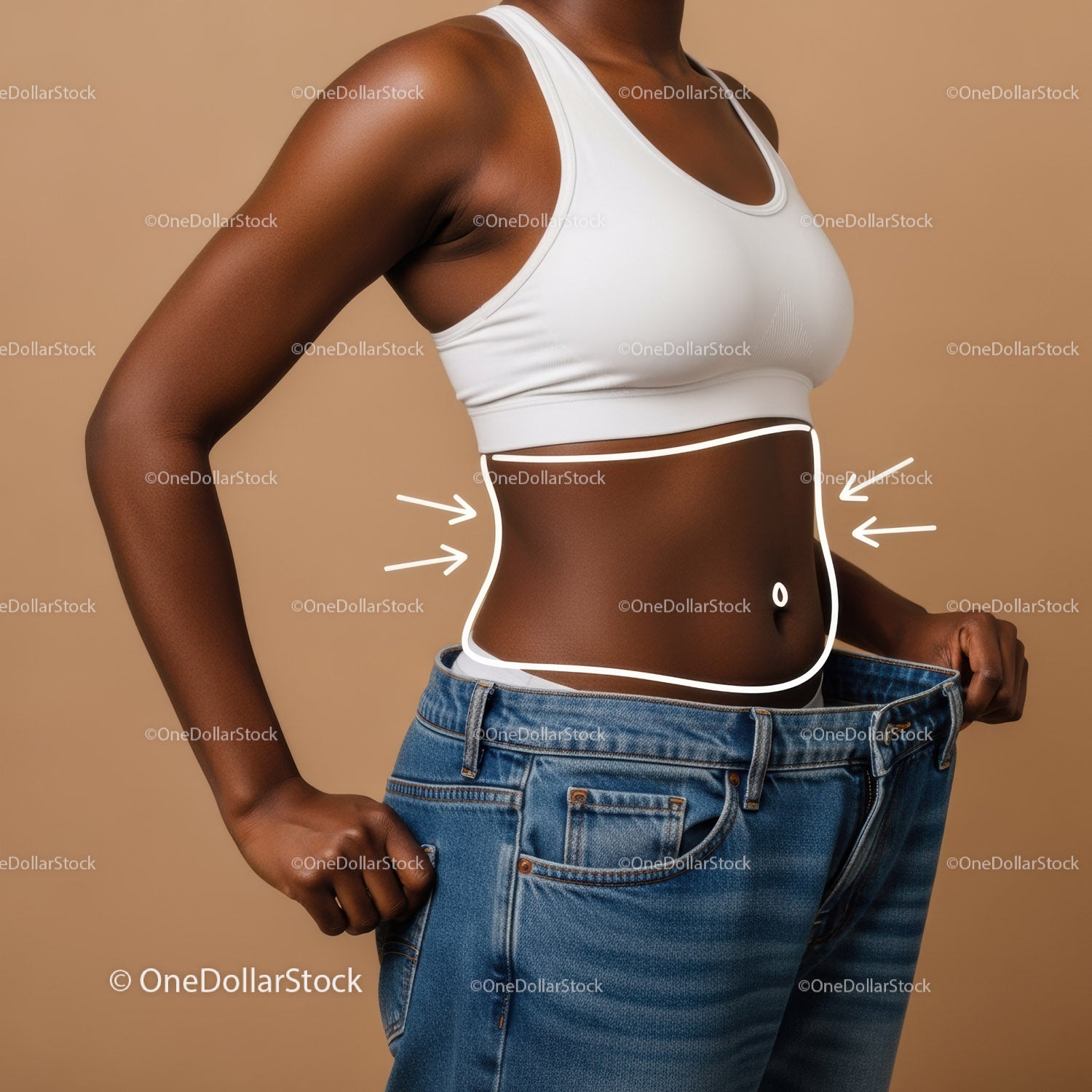 Woman Measuring Waist with Loose Jeans for Body Transformation