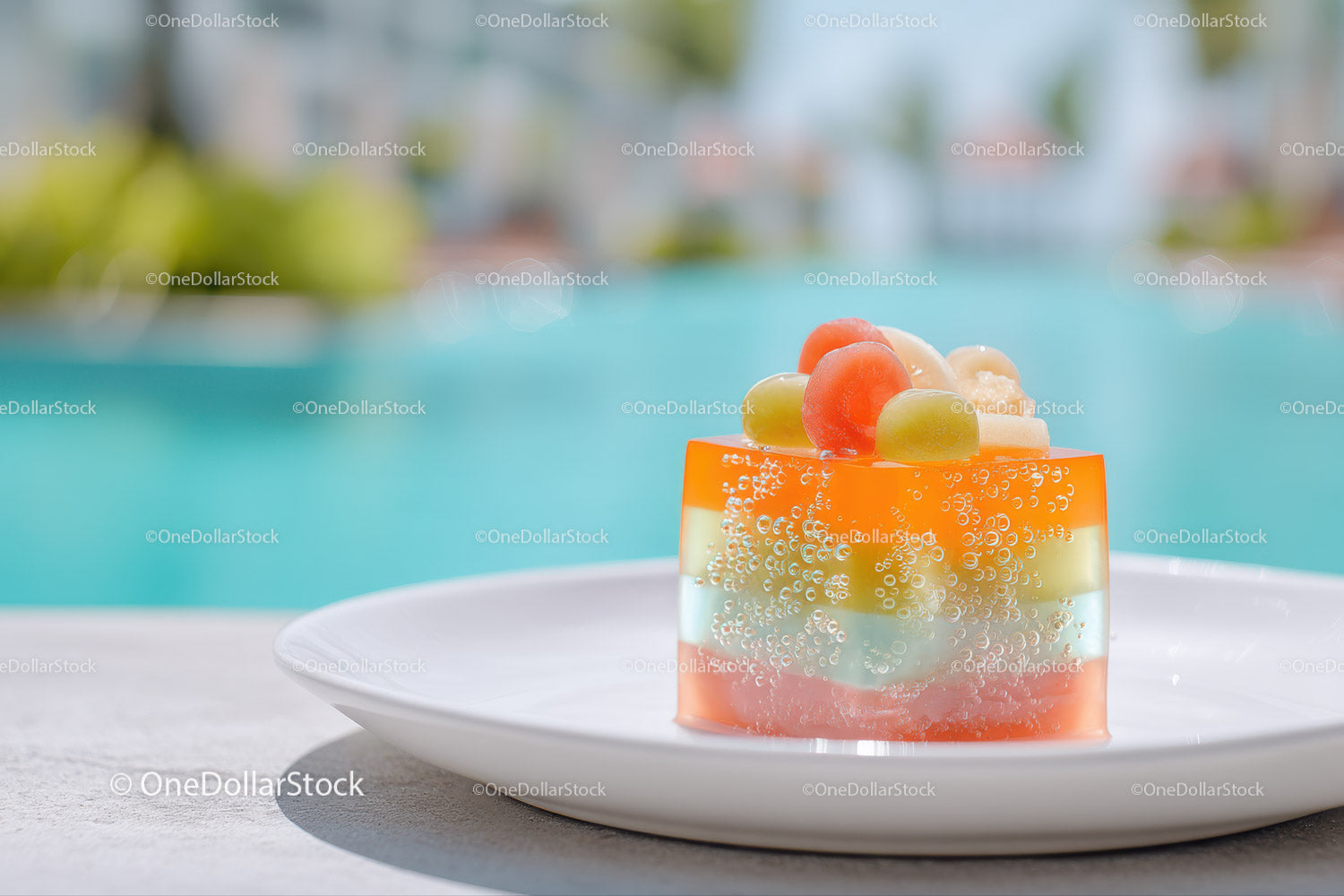 Vibrant Fruit Jelly with Grapes and Peaches on White Plate