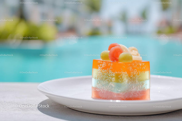 Vibrant Fruit Jelly with Grapes and Peaches on White Plate