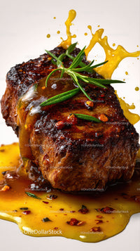 Juicy Grilled Steak with Mustard and Rosemary Garnish