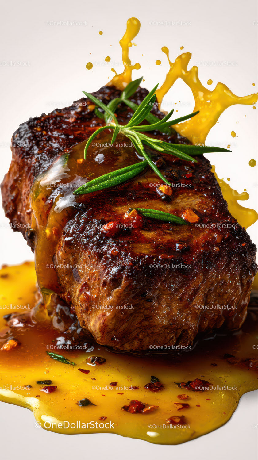 Juicy Grilled Steak with Mustard and Rosemary Garnish