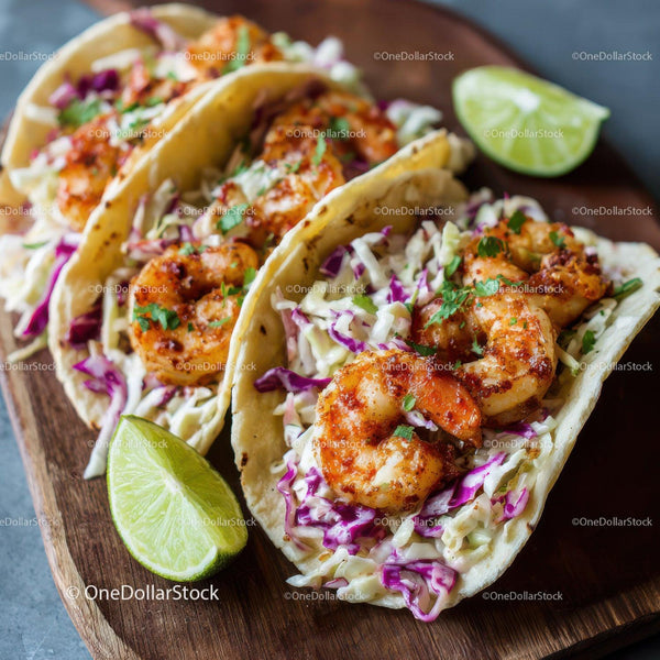 Spicy Shrimp Tacos with Cabbage Slaw and Lime Garnish