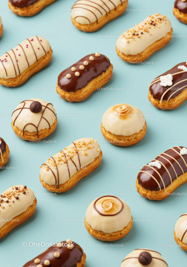 Assorted Mini Eclairs and Cream Buns on Blue Background