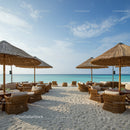 Tropical Beachside Resort with Straw Umbrellas and Ocean View