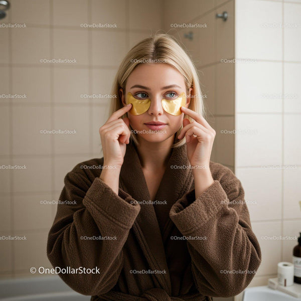 Young Woman Applying Gold Eye Masks for Skincare Relaxation
