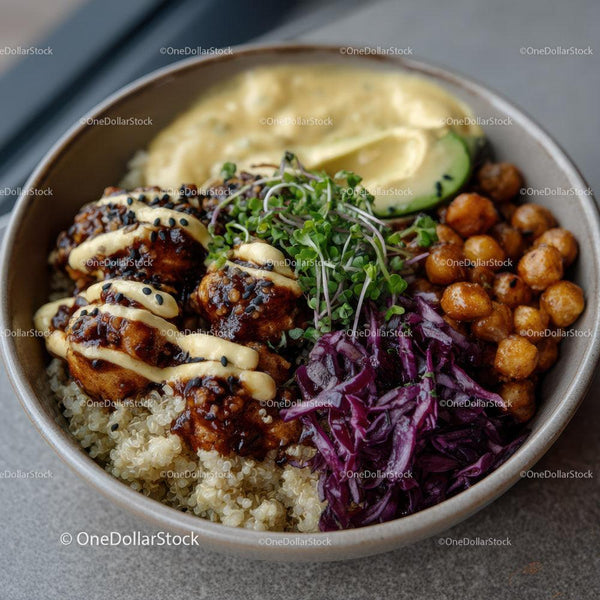 Colorful Vegan Buddha Bowl with Quinoa Chickpeas and Avocado