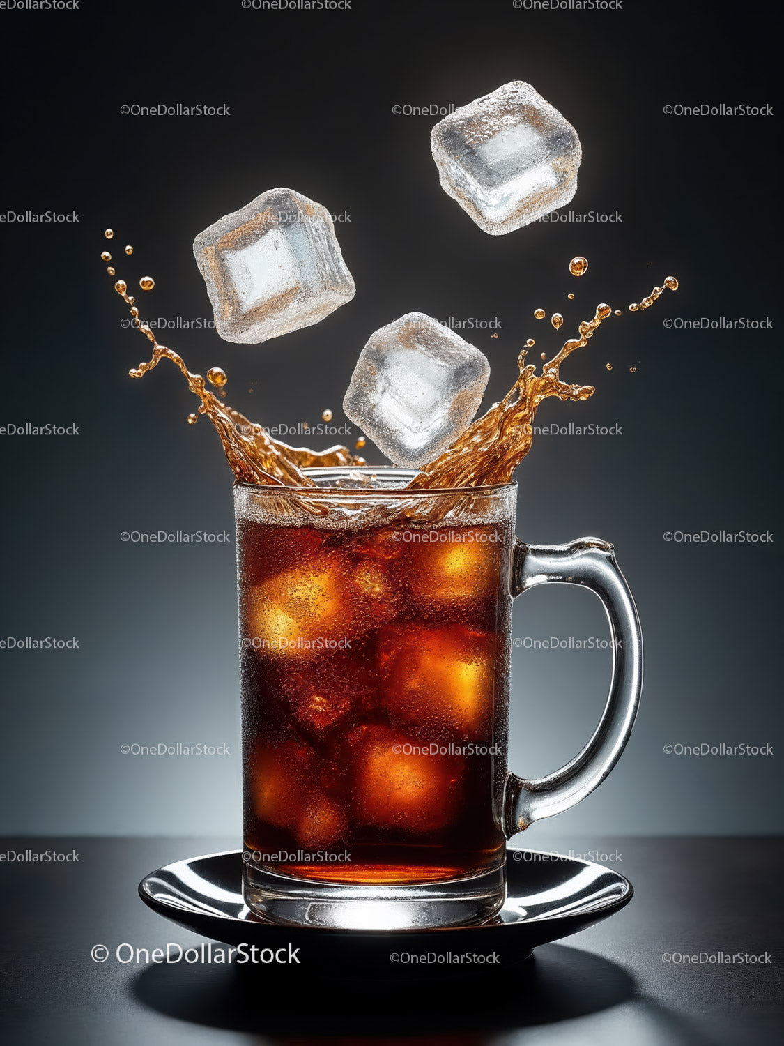 Refreshing iced cola splashing in clear glass cup
