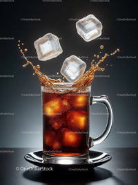 Refreshing iced cola splashing in clear glass cup