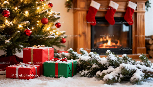 Cozy Christmas scene with gifts, tree, and fireplace glow