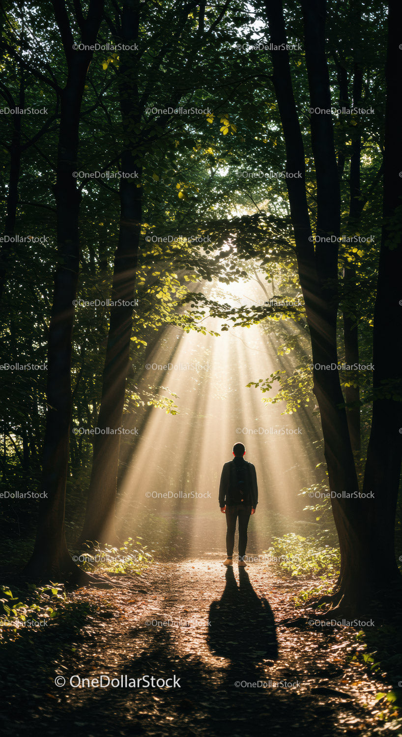 Person walking on forest path with sun rays breaking through