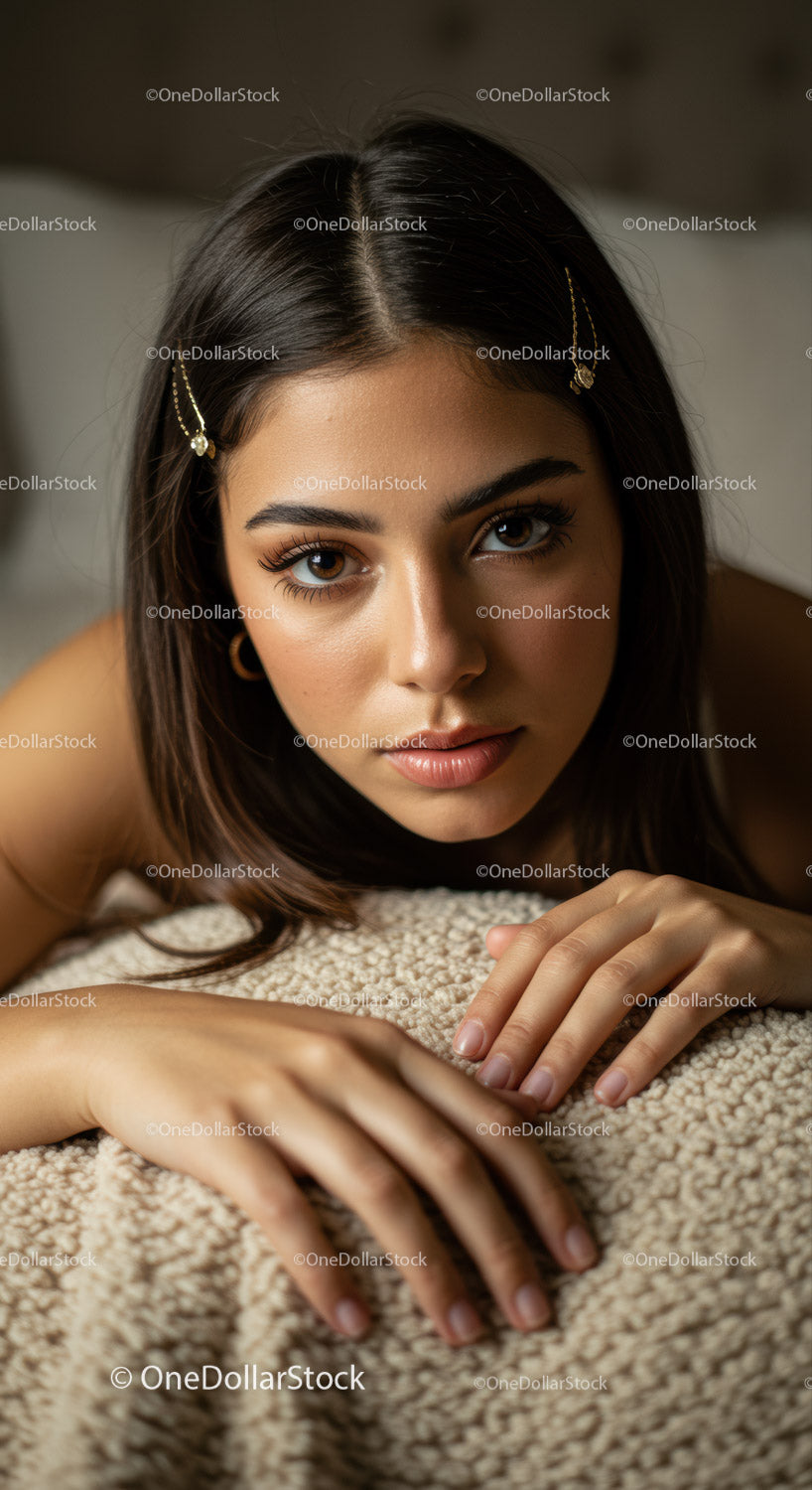 Young Woman with Beautiful Face and Stylish Jewelry Indoor Portrait