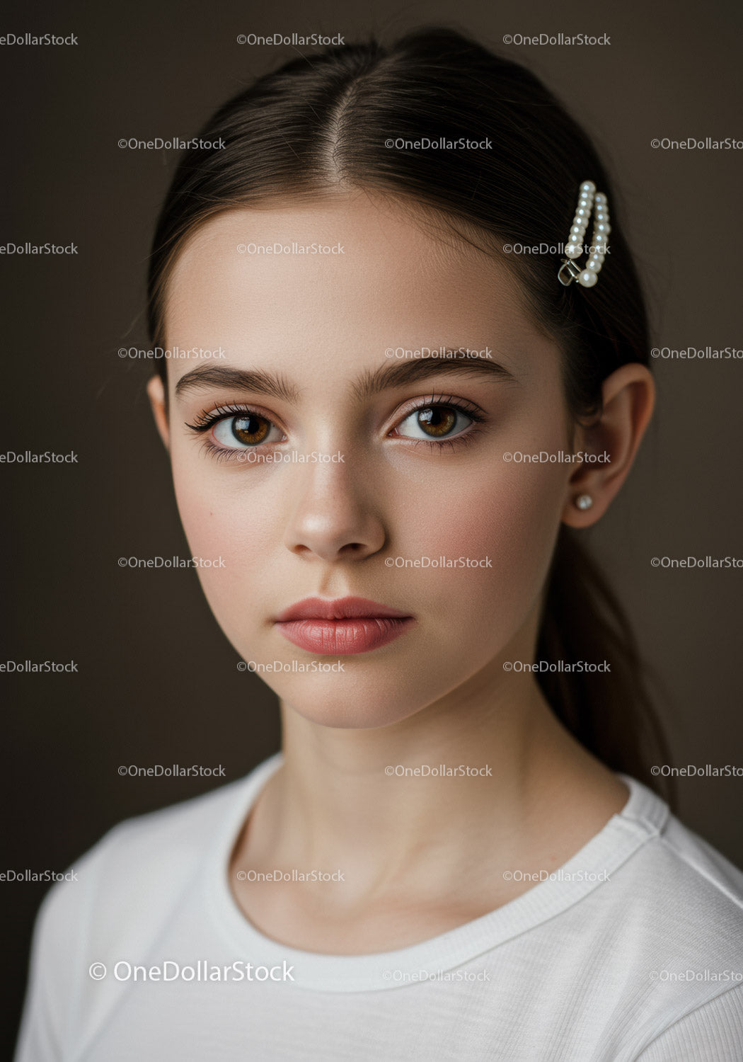 Portret młodej dziewczyny z brązowymi oczami i perłową spinką do włosów