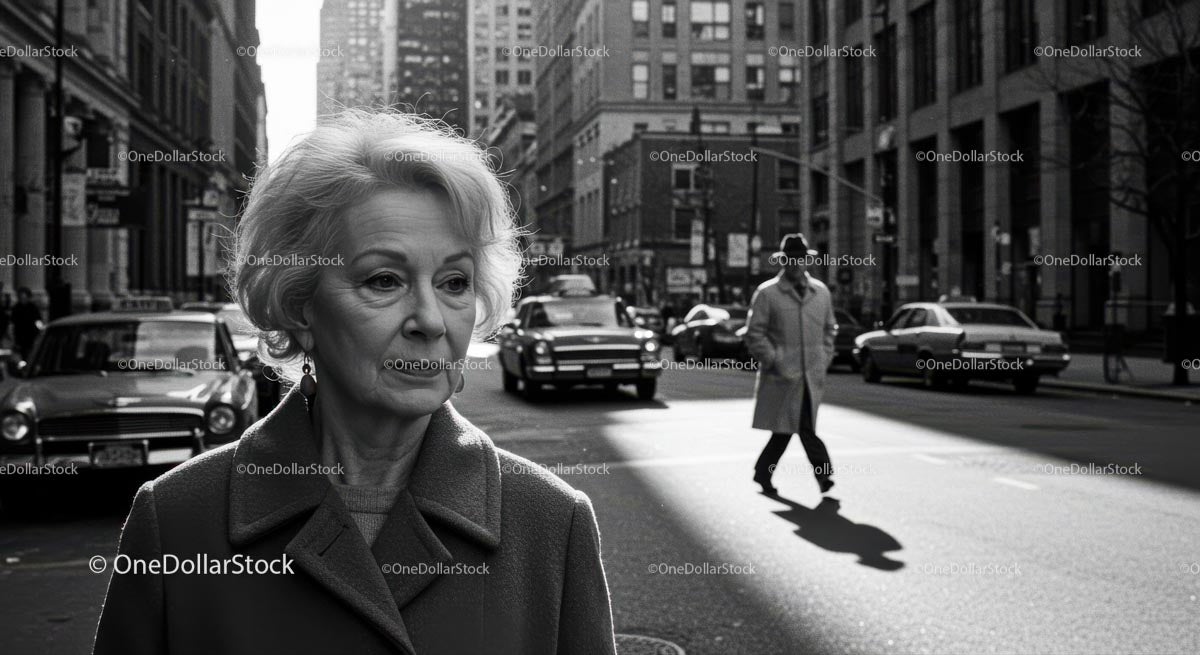 Elderly Woman Walking in a Busy City Street in Black and White