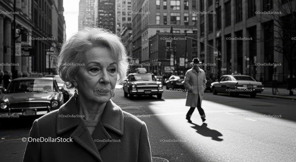 Elderly Woman Walking in a Busy City Street in Black and White
