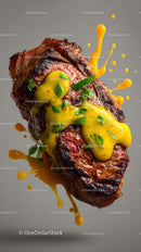 Juicy Grilled Beef Steak Topped with Mustard and Green Onion