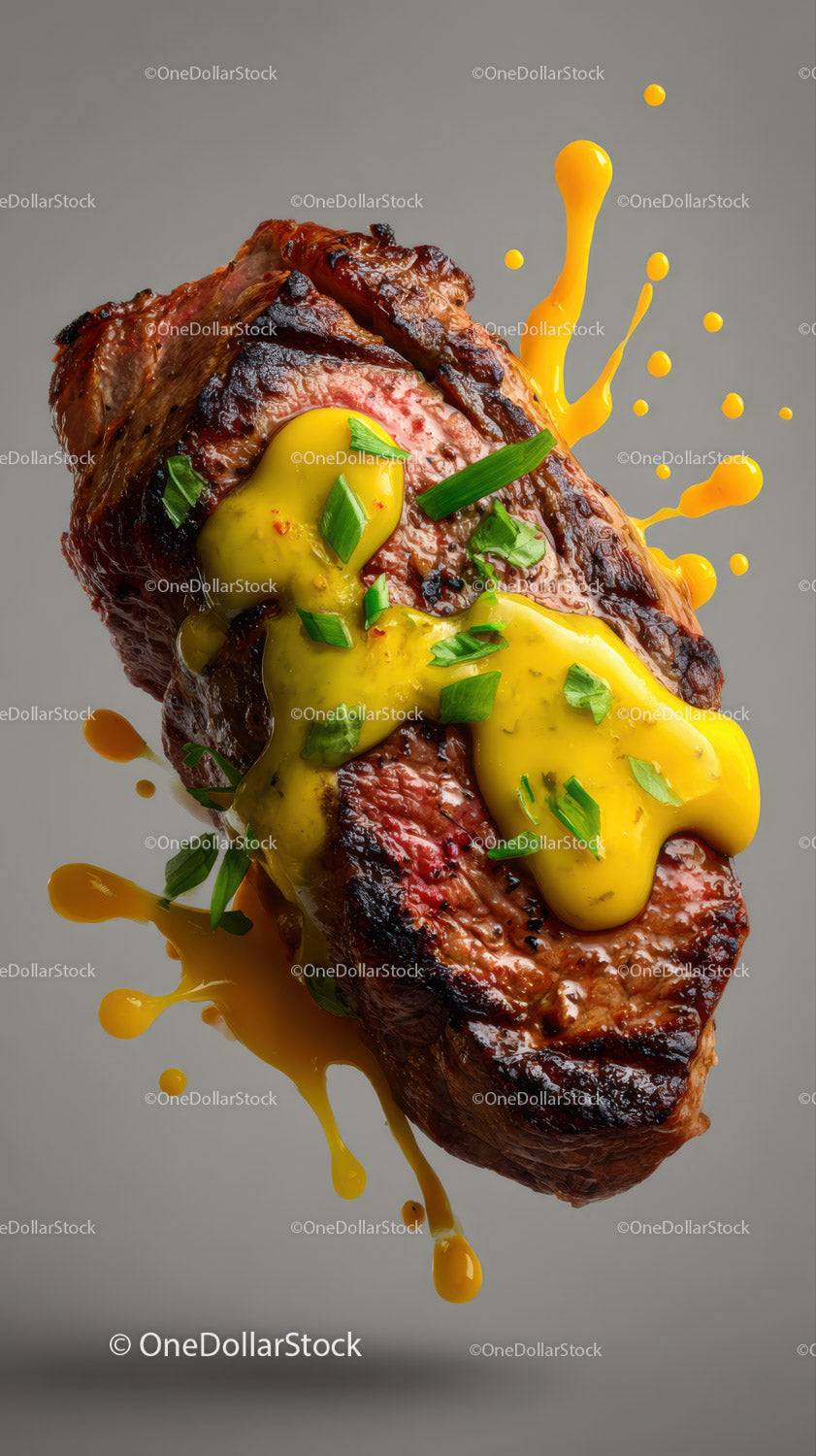 Juicy Grilled Beef Steak Topped with Mustard and Green Onion