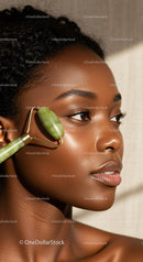 Elegant Black Woman Using Jade Facial Roller for Skin Care