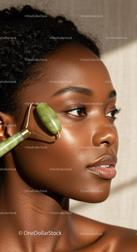 Elegant Black Woman Using Jade Facial Roller for Skin Care