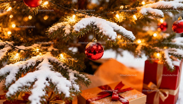 Snow-covered Christmas tree with red baubles and gifts
