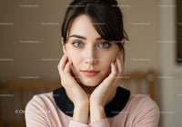 Elegant Young Woman with Bright Blue Eyes in Indoor Setting