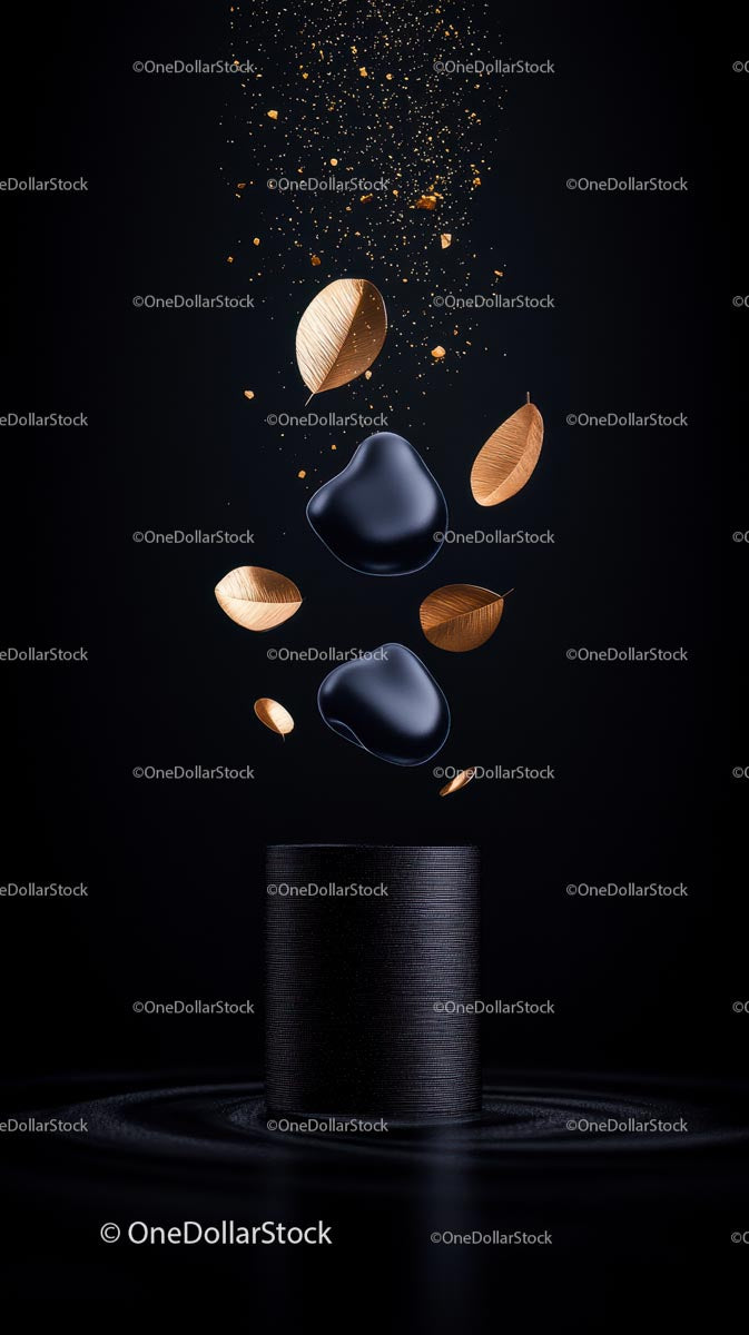 Elegant Floating Gold Glitter and Black Stones in Minimalist Display