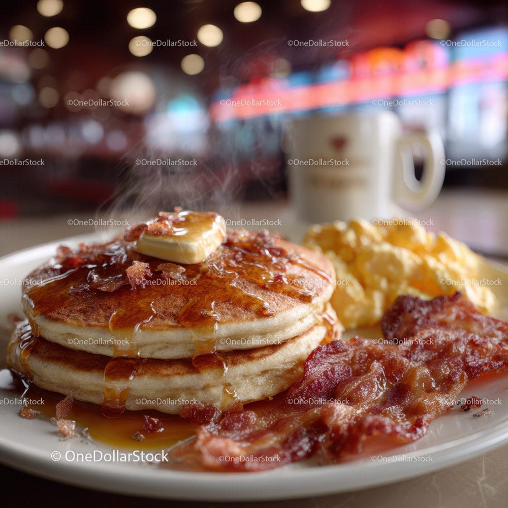 Stack of Fluffy Pancakes with Syrup and Bacon for Breakfast or Brunch