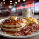 Stack of Fluffy Pancakes with Syrup and Bacon for Breakfast or Brunch