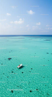 Bright Turquoise Ocean with Small Boat Under Blue Sky