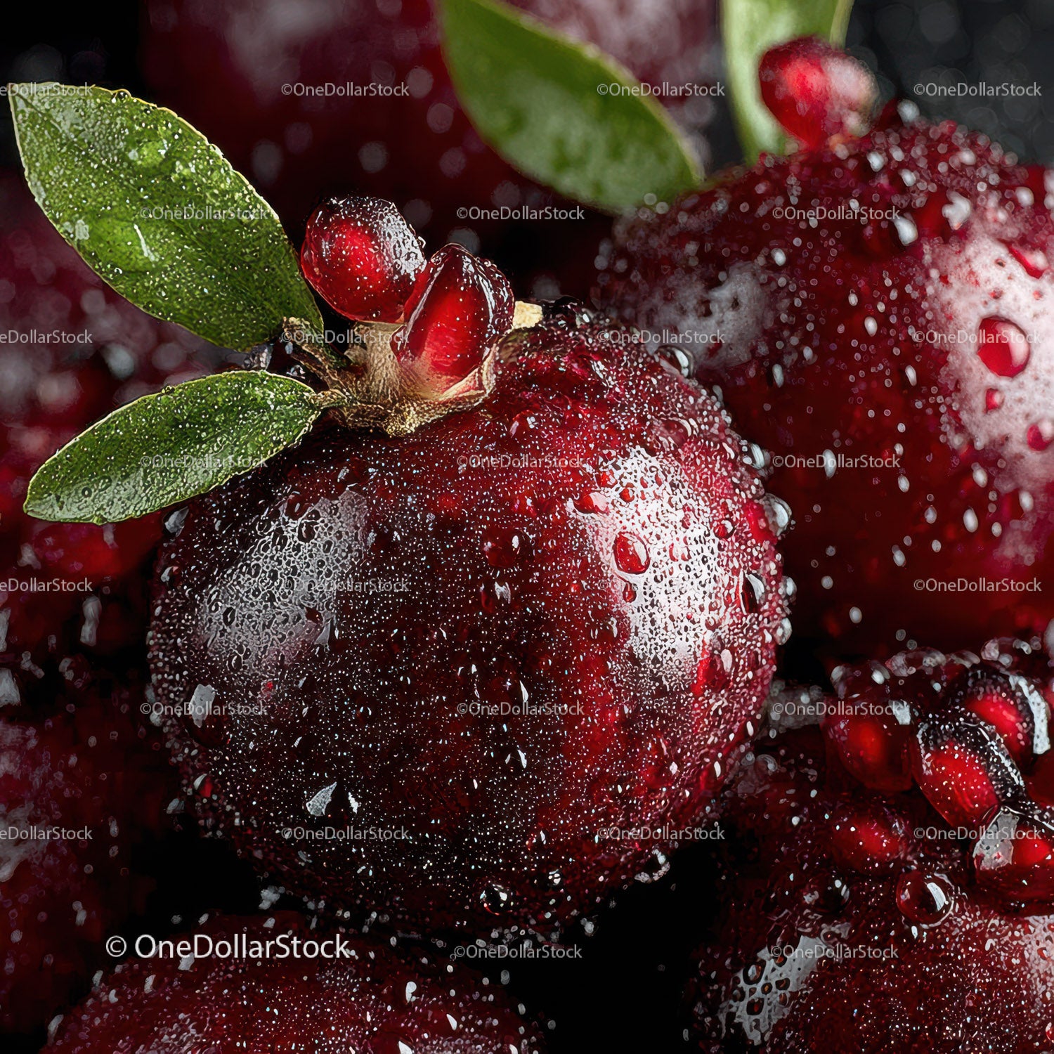 Close-up of Juicy Ripe Strawberries with Dew Drops on Leaf