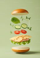 Fresh ingredients floating in a deconstructed sandwich