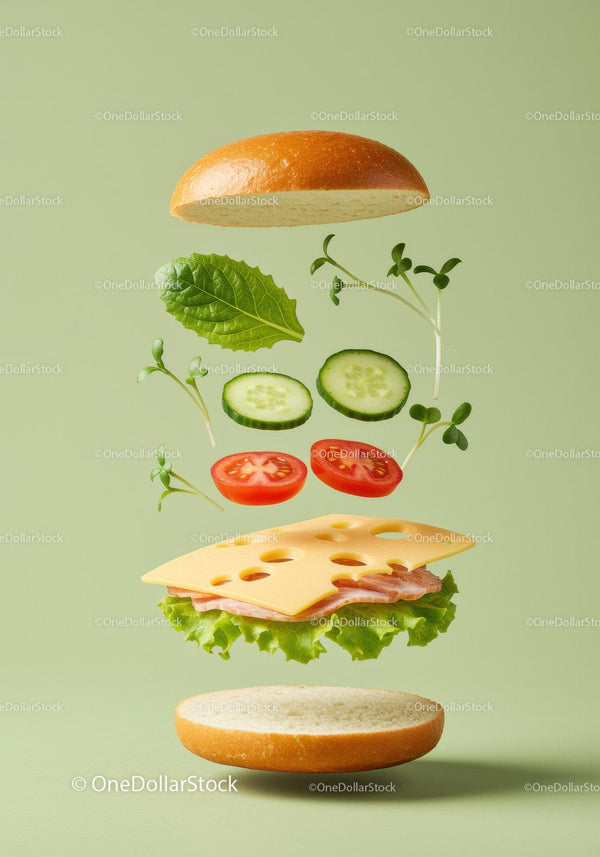 Fresh ingredients floating in a deconstructed sandwich