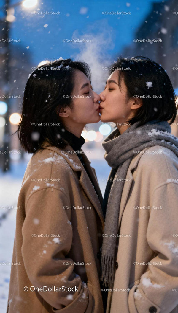 Romantic Winter Kiss in Snowy Evening Cityscape