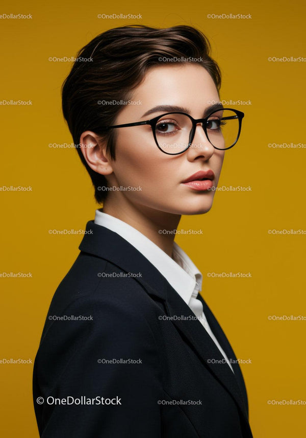 Stylish Woman in Business Suit Wearing Glasses on Yellow Background