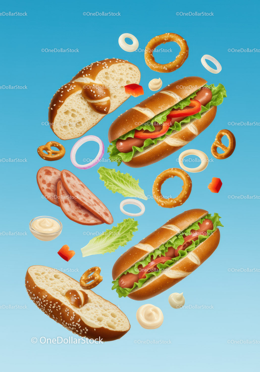 Fresh hot dogs with pretzel buns and vibrant toppings