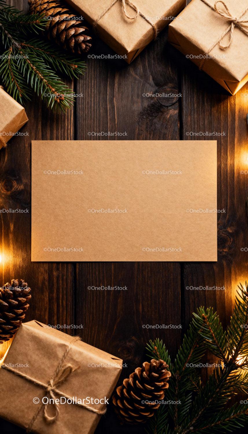 Blank Kraft Paper Card Among Pinecones and Wrapped Gifts JPG Mockup Image preview