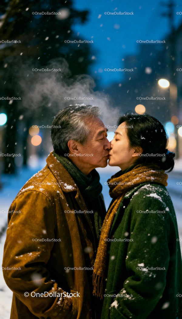 Mature couple sharing a tender kiss in snowy evening