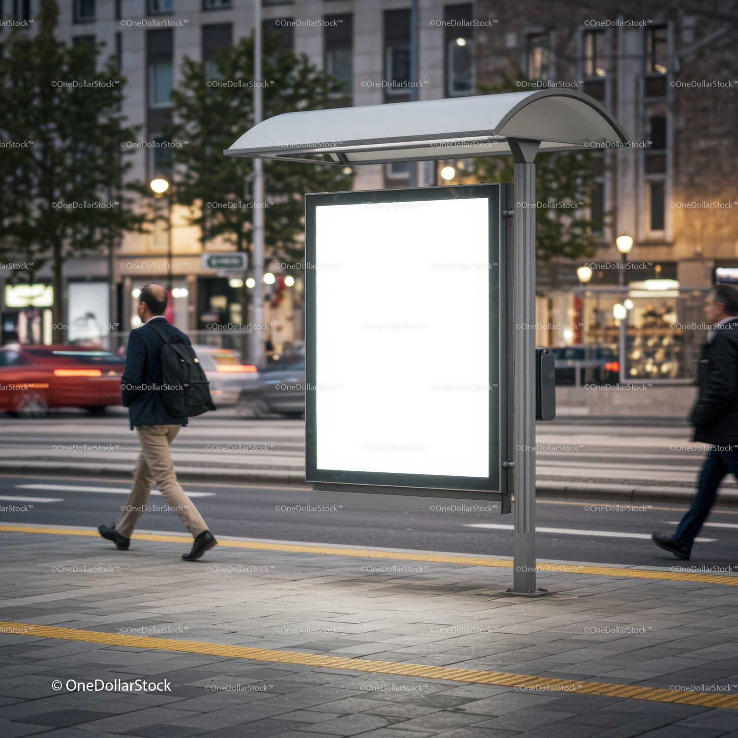 Illuminated Urban Advertising Display at Evening Crosswalk