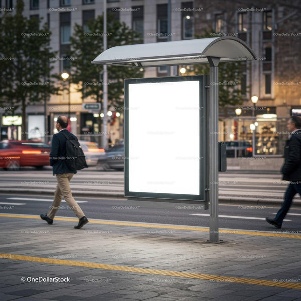 Illuminated Urban Advertising Display at Evening Crosswalk JPG Mockup Image