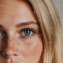 Close-up of blue eye with freckles and blonde hair